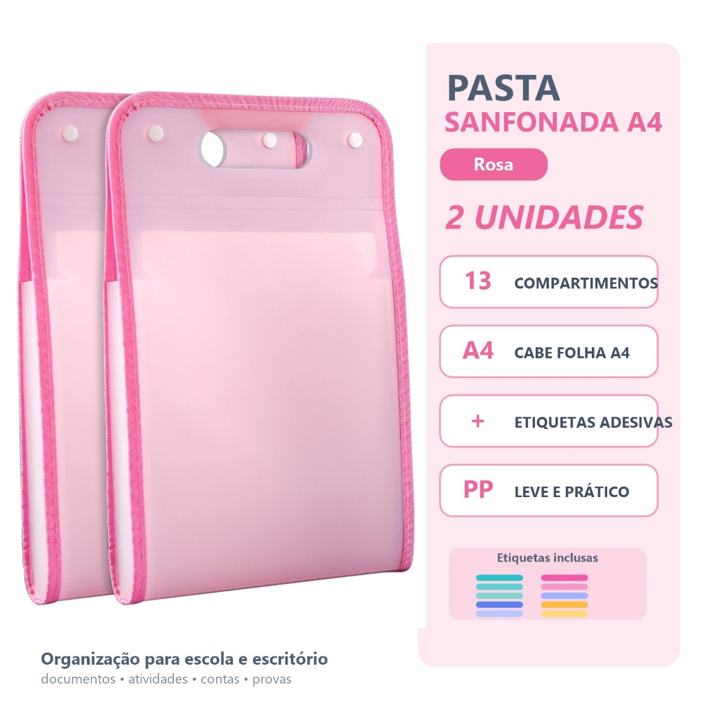 Kit 2 Pastas Organizadoras A4 Sanfonada 13 Divisórias com Fecho e Alça