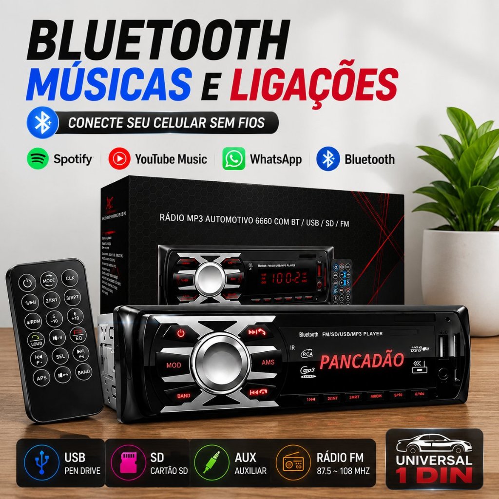Rádio Som Automotivo Mp3 1 Din Bluetooth 1 USB Rca Auxiliar Carro Universal