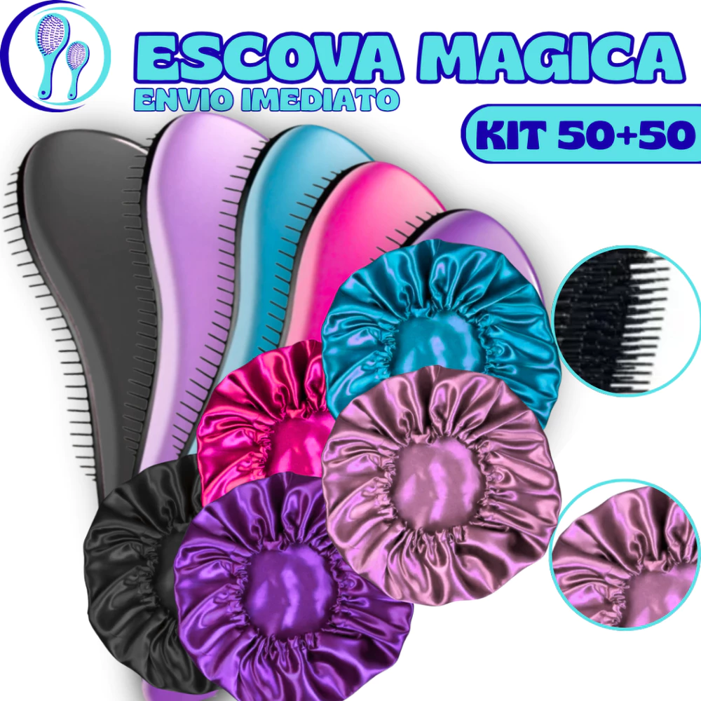 Kit 100 - Kit 50 Touca De Cetim + Kit 50 Escovas Mágicas pra cabelo - Anti Frizz - De Desembaraçar Cabelo