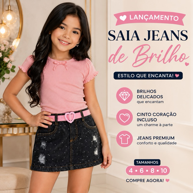 Saia Jeans Infantil Com Strass Brilho Cinto Coração Menina Fashion 4 Ao 10