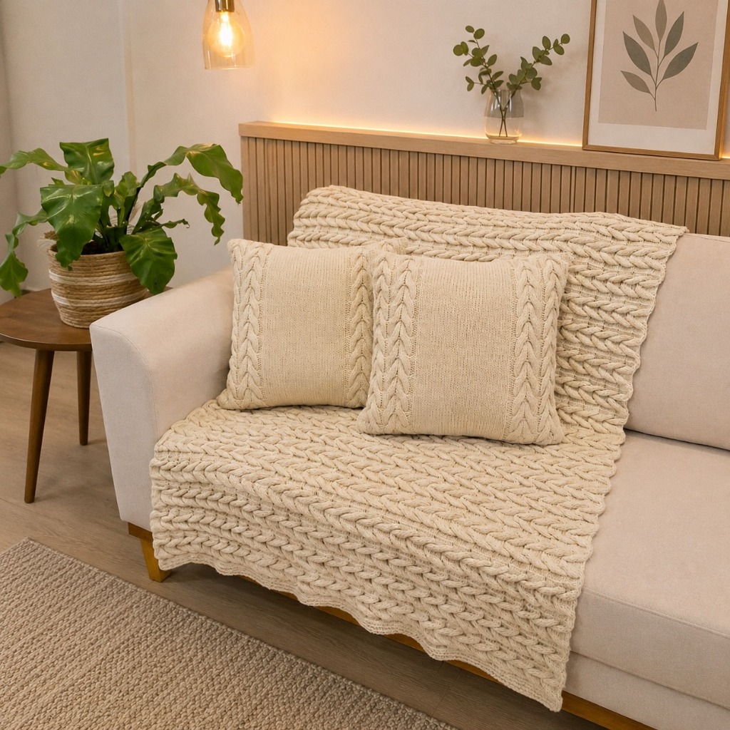Kit Manta Decorativa para Sofá Tricô Grosso 150x100 + 2 Capas Almofada 45x45 | Sala, Quarto, Decoração Luxo