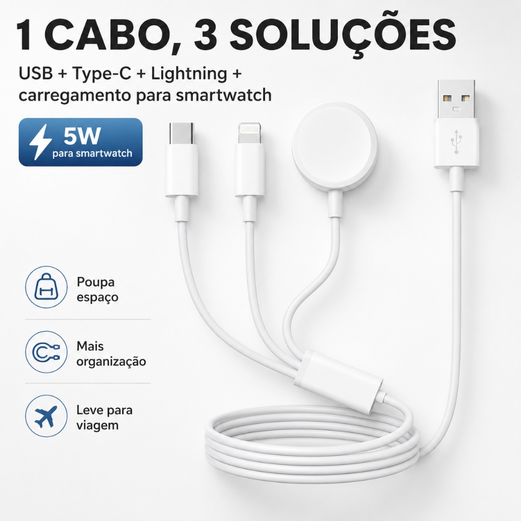Cabo Carregador 3 Em 1 Smartwatch Inducao Magnetico Tipo C Lightning USB Carregamento Rapido 1 Metro Portatil Viagem Top