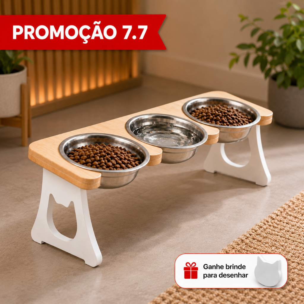 Comedouro Elevado Pet MDF Ergonômico com Tigela Inox para Gatos e Cães Ração e Água