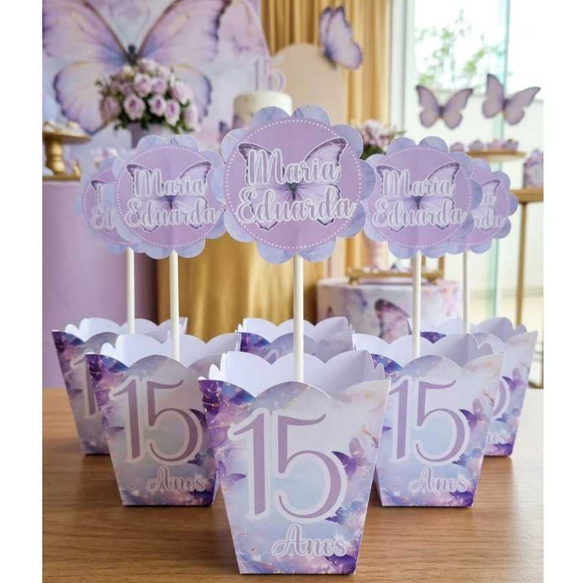 Centro de mesa cachepô personalizado| 15 Anos Jardim Borboletas lilas| decoração festa mesa de convidados| lembrancinhas