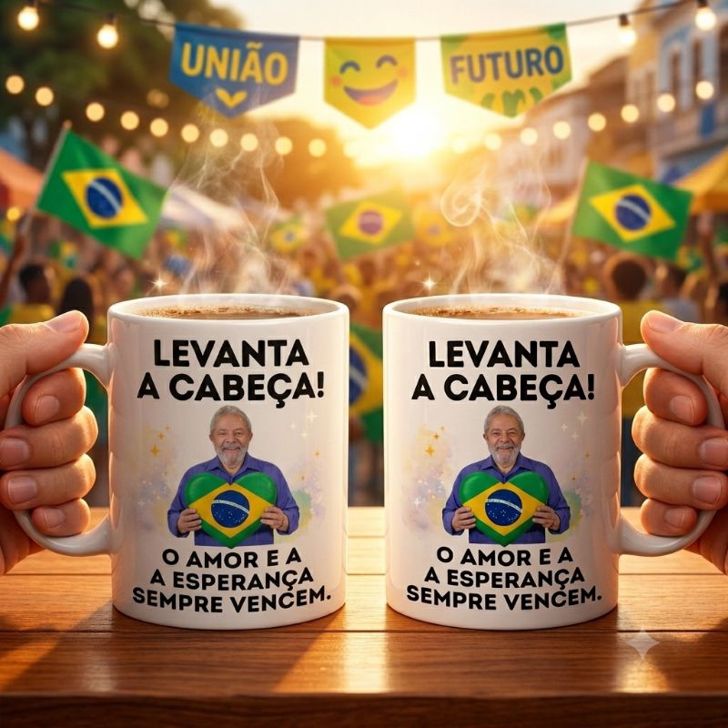 Caneca Personalizada do Lula Levanta A Cabeça o Amor e a Esperança Sempre Vencem Porcelana 325ml | Presente Exclusivo