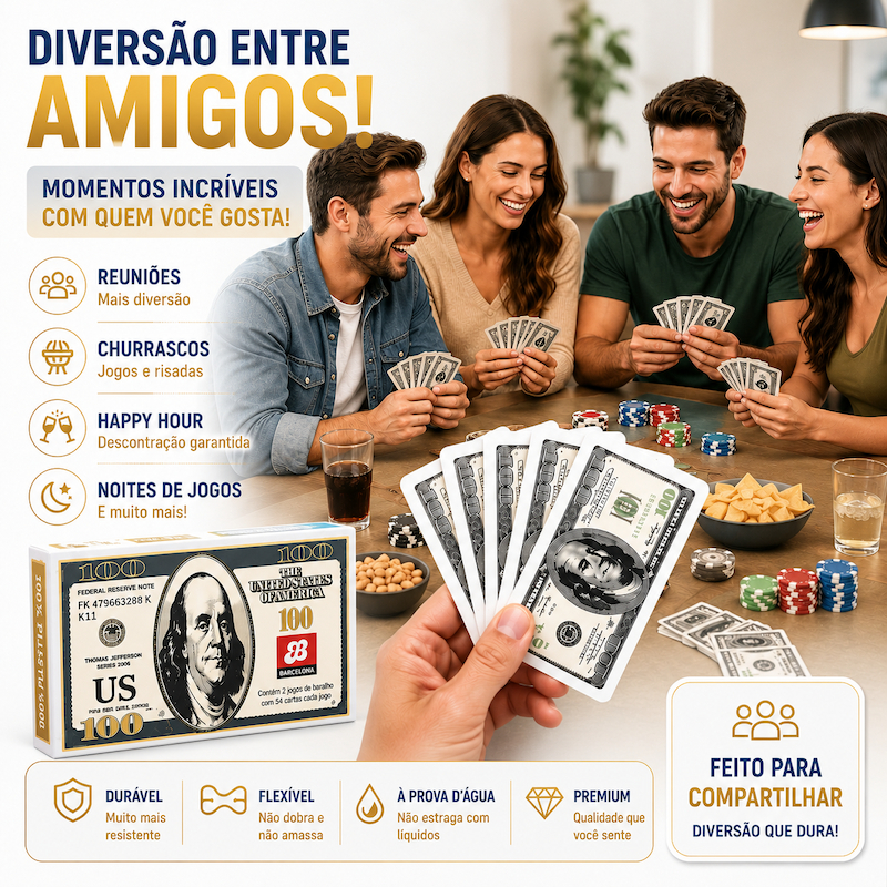 Detalhes do Estojo com 2 Baralhos 100% Plástico Resistente a água Jogos diversos Naipe Tradicionais VERSO DOLLAR