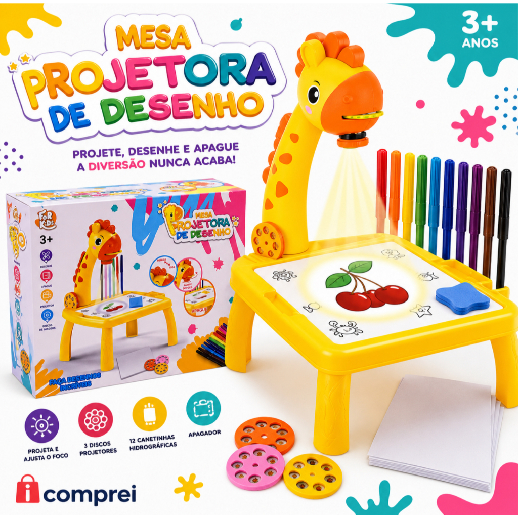 Mesa Projetora Girafa com 12 Canetinhas Brinquedo Menino Menina Mesinha de Desenho Infantil
