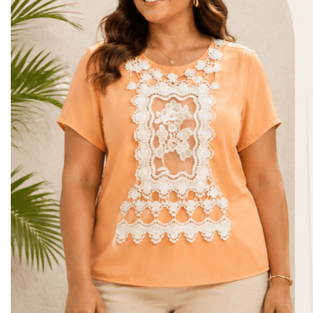 [Brechó] Blusa Feminina Pêssego Com Renda Guipir Floral Manga Curta Elegante Delicada Bazar Desapego Achadinhos