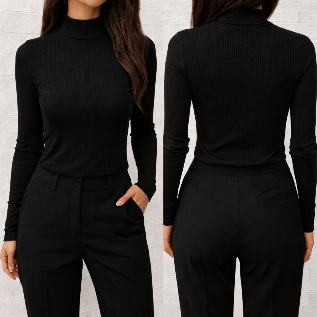 Blusa Cacharrel Feminina Canelada Manga Longa Gola Alta Básica Elegante Inverno Frio confortável