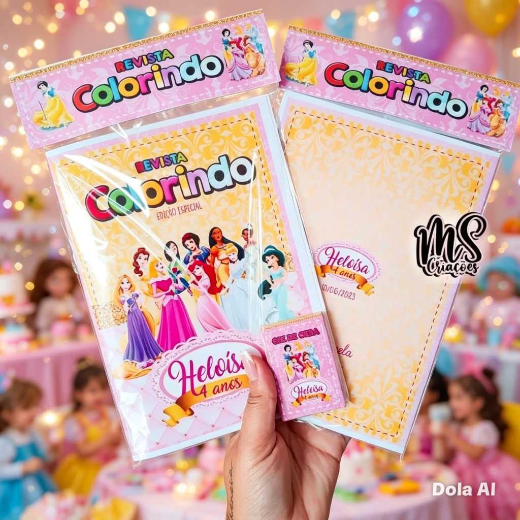 Kit Revista Colorir 10x15 + Giz Festa Princesas da Disney, Personalizados, Lembrancinhas.