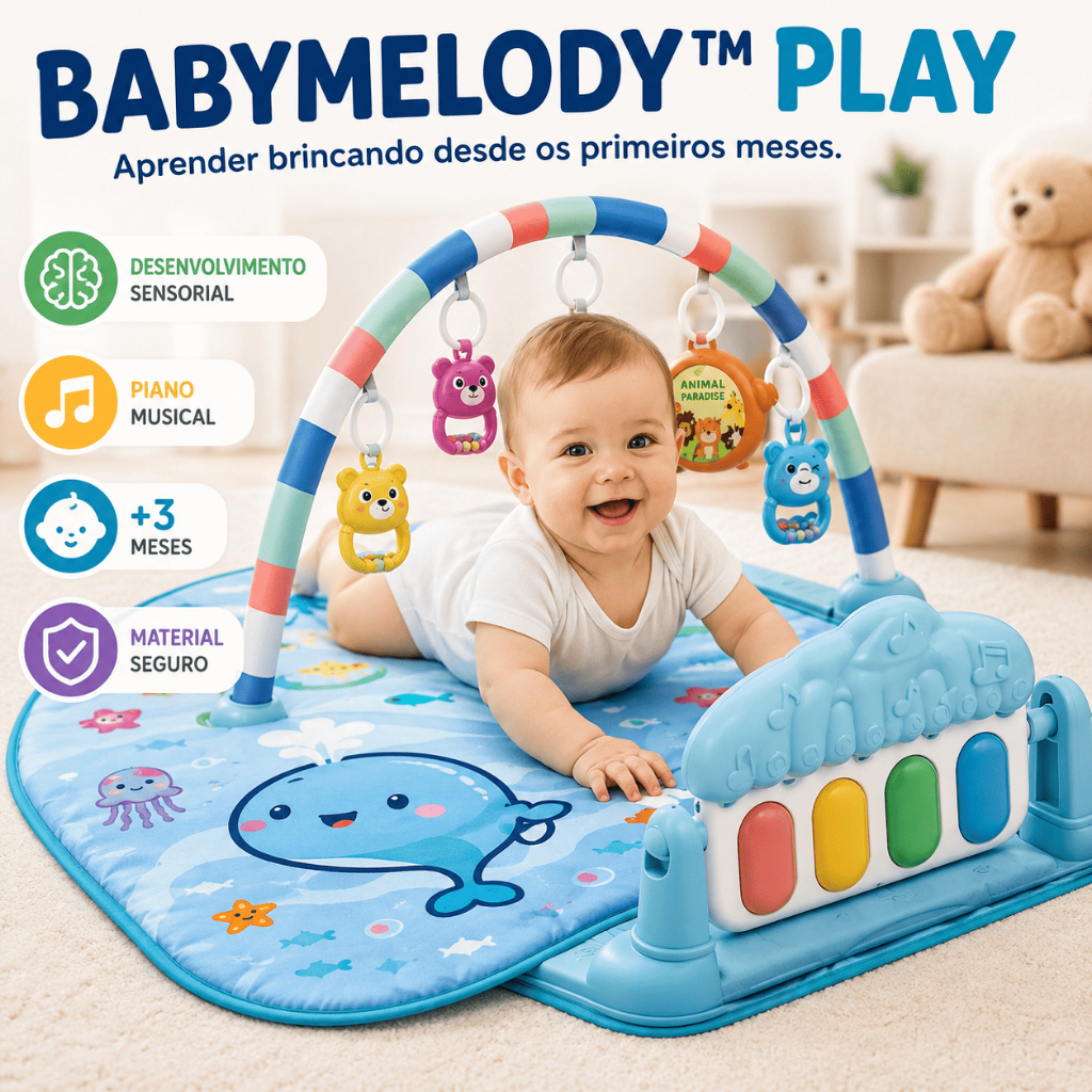 Tapete Bebê Musical com Piano Interativo Educativo Sensorial e Arco de Atividades BabyMelody™ Play