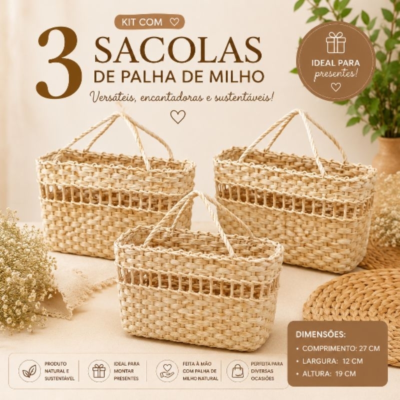 kit 3 Sacolas Bolsa Feira Praia Palha de Milho 27x19x12cm