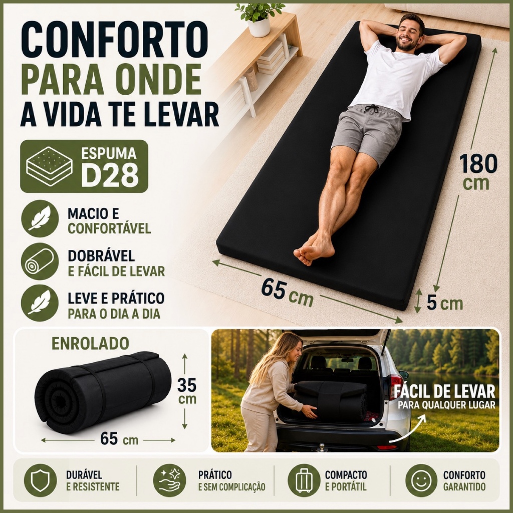COLCHONETE CAMPING SOLTEIRO 5X65X180cm DOBRAVEL PORTATIL ESPUMA D25 DE MEMORIA PARA BARRACA VIAGEM FACILM TRANSPORTE