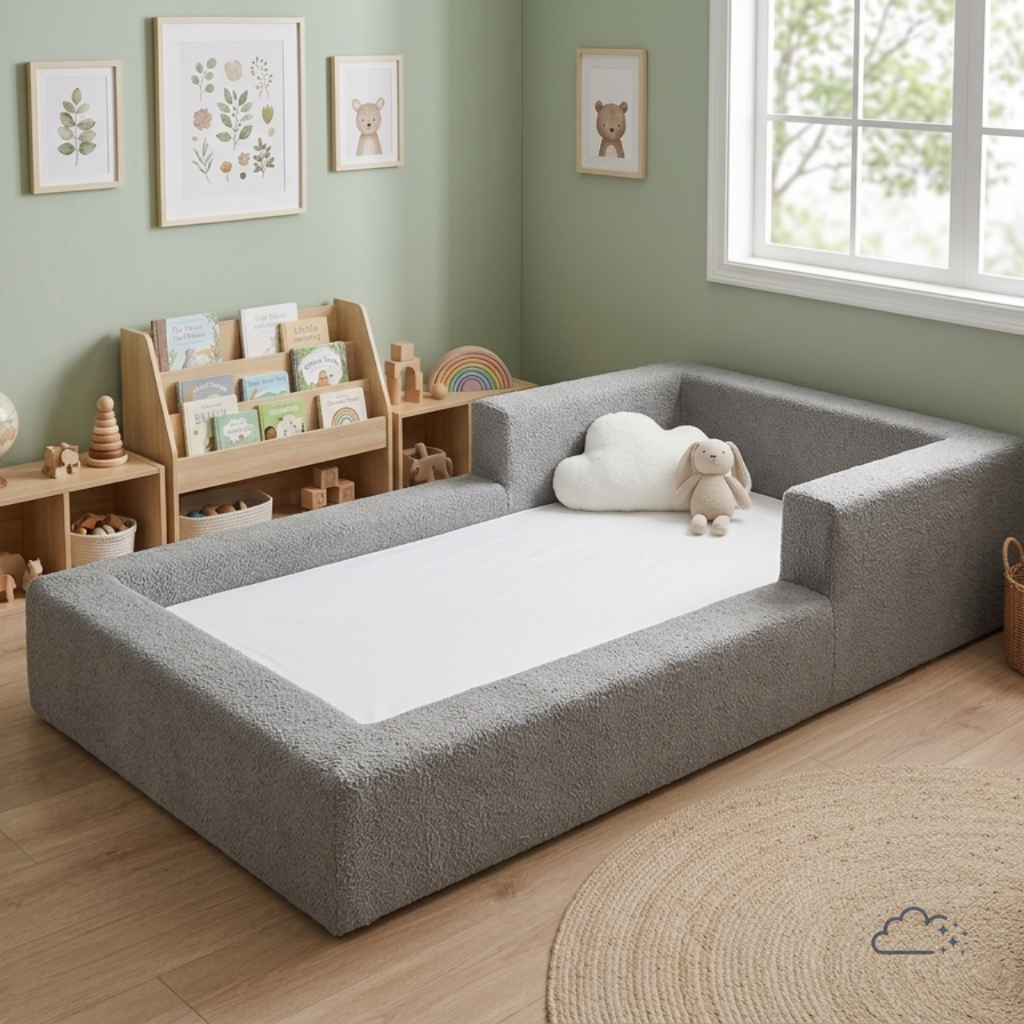 Cama Montessoriana Infantil com Colchão Solteiro 100% Espuma e Proteção Lateral em Tecido Bouclé