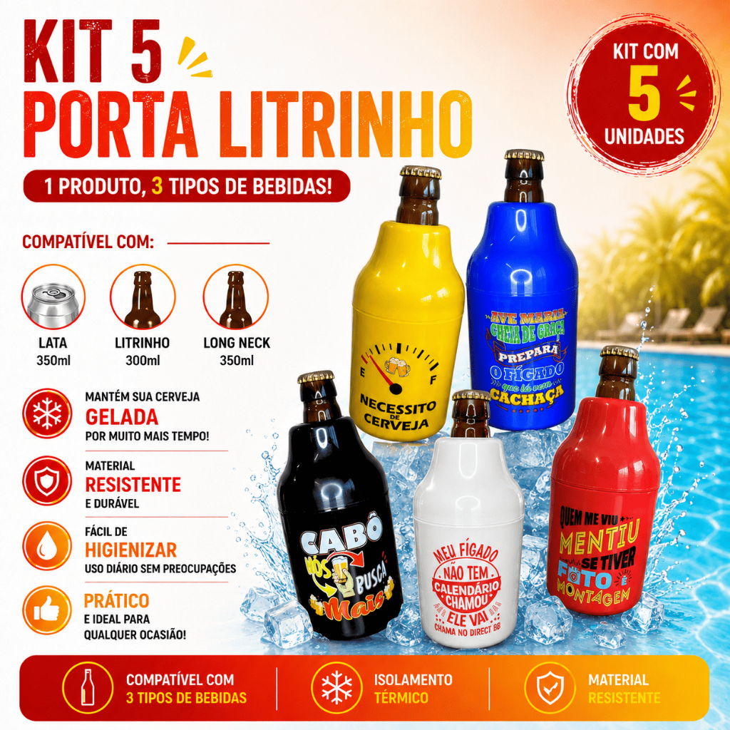 5 Porta Garrafa 300ml Suporte Térmico Litrinho Long Neck Lata 350ml