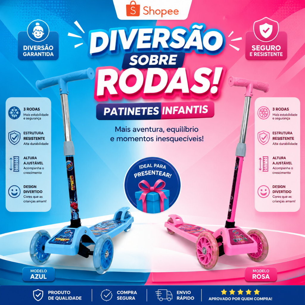 Patinete Infantil 3 Rodas Com Led Dobrável E Ajustável