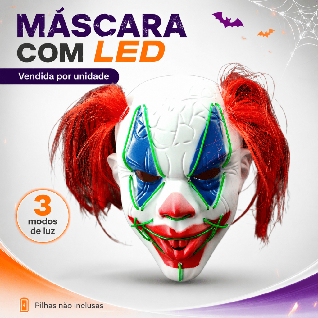 Máscara Temática com LED Pisca para Fantasia Halloween Festa
