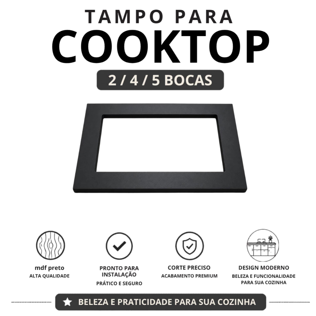 Imagem Balcão Cooktop MDF Preta 2/4/5 Bocas Pronto para Instalação Fogao mesa