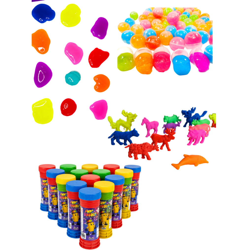25 Bolha de Sabao + 25 Geleca Slime +  25 Bicho Cresce Na Água Para Lembrancinha Aniversario  Prenda