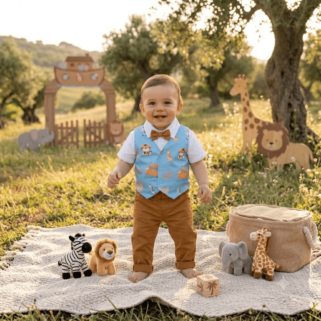 Roupa Arca de Noe Menino Conjunto Social Calça e colete com camisa e gravata Festa Arca de Noe