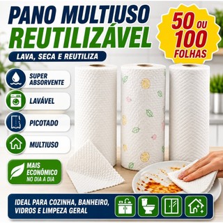 Pano Reutilizável em Rolo 50/100 Folhas Lavável Absorvente Multiuso Cozinha Limpeza