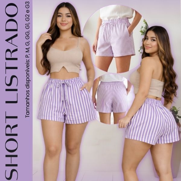Short Listrado Feminino Crepinho com Laço Frontal Bolsos Elastex na Cintura, Confortável | P ao G3