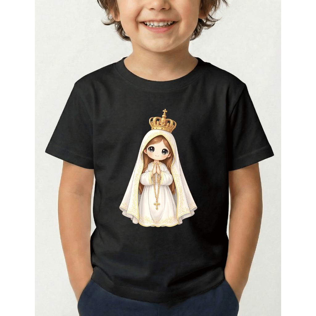 Camiseta Infantil Religiosa Estampada Santinha Terço Católico 100% Algodão Confortável