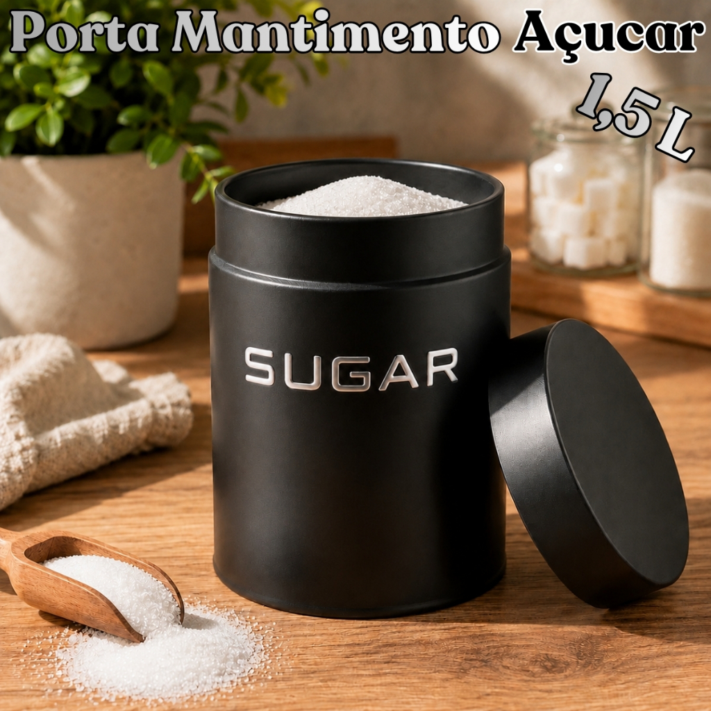 Lata Porta Mantimento Açucar 1,5L Metal Com Tampa 11x16,5cm Sugar Multiuso Organização