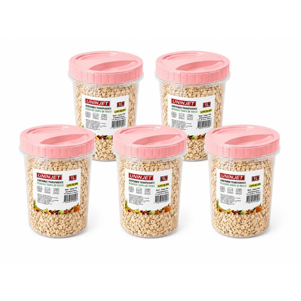 Kit 5 Potes Herméticos 1L Tampa Rosqueável Porta Mantimentos Organizador Cozinha BPA Free