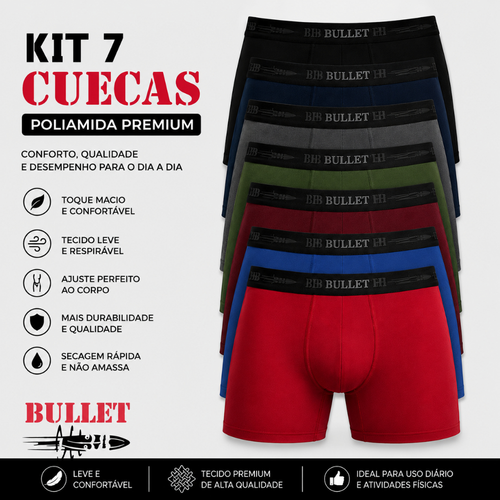 Kit 7 Cuecas Boxer Poliamida Premium – Máximo conforto, qualidade e excelente custo-benefício.