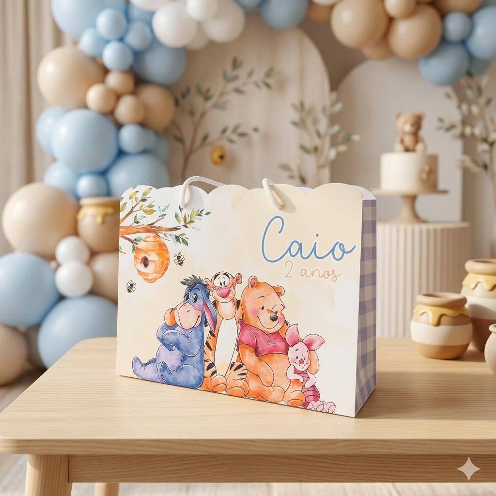 Sacolinha Personalizada para Lembrancinhas Ursinho Pooh Personalizado  Menina  Lembrancinha  Aniversario  Kit Festa
