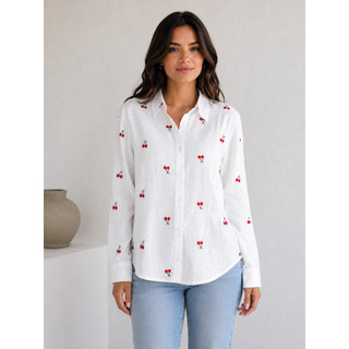 Camisa Feminina Manga Longa Branca em Linho com Bordado, Estilo Casual Fofo para Primaver…