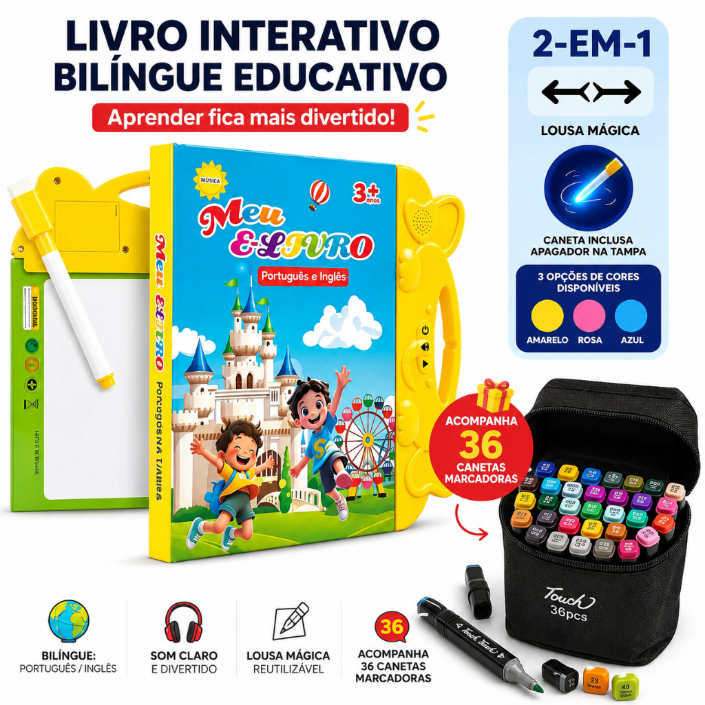 Livro Interativo Sonoro Bilíngue Infantil + Lousa Mágica | Aprenda Brincando 3+ Anos