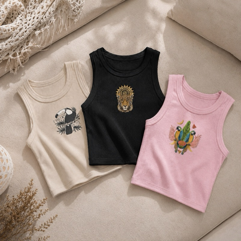 Kit 3 Cropped Feminino Canelado Casual Confortável Básico Estampado Tendência Verão Tropical