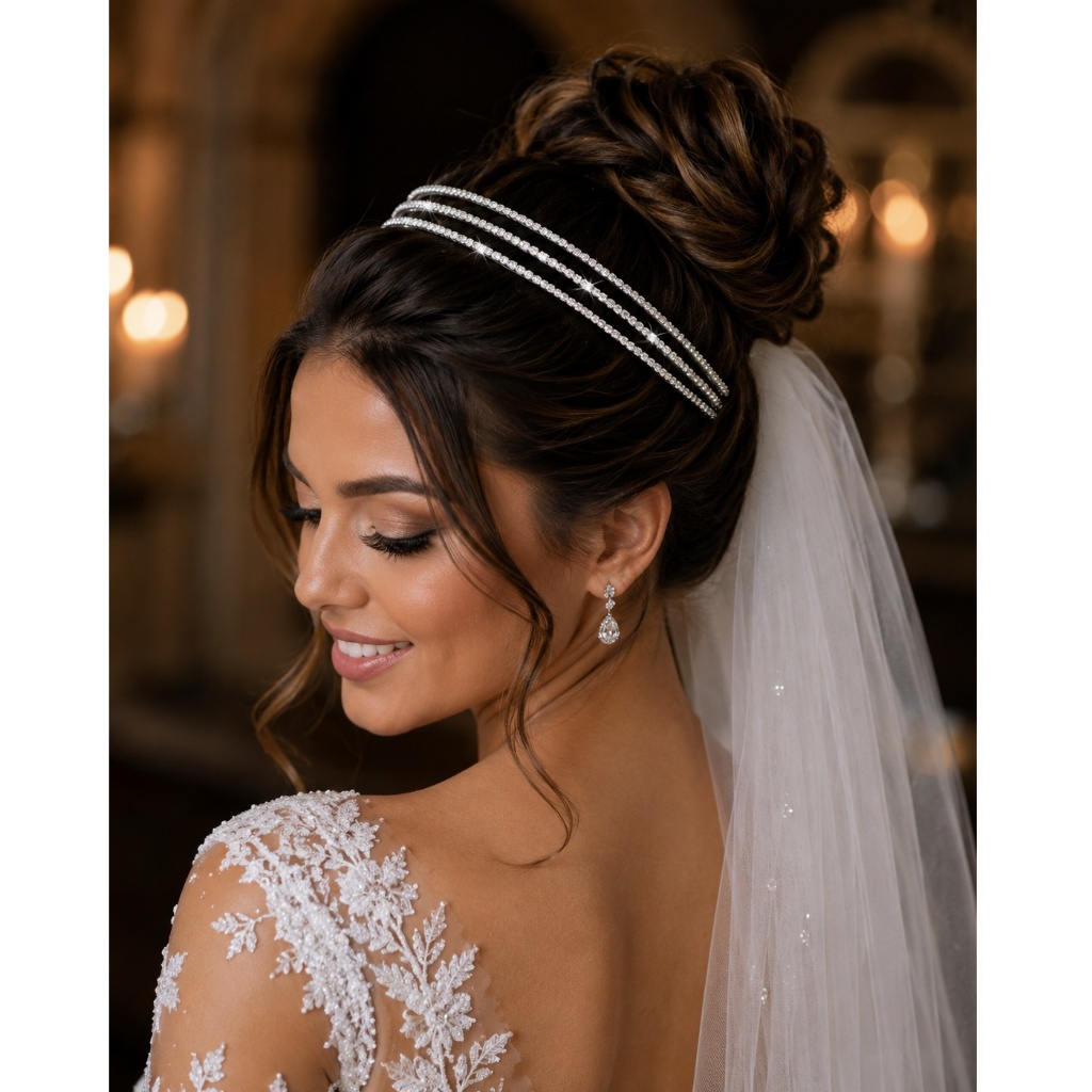 Tiara Coroa Porta Coque de Noiva Luxo com Zircônias Brilhantes Prata Prateado 3 Camadas Casamento Festa