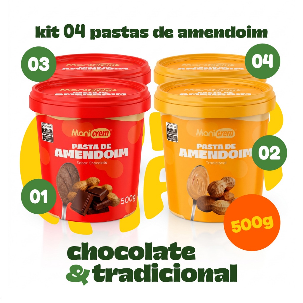 Imagem Kit 04x Pasta de Amendoim Manicrem Tradicional e Chocolate - 500g