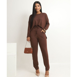 Conjunto Feminino Malha Tricot Longo Moda Inverno  Blusa Manga Longa e Calça Com Bolsos