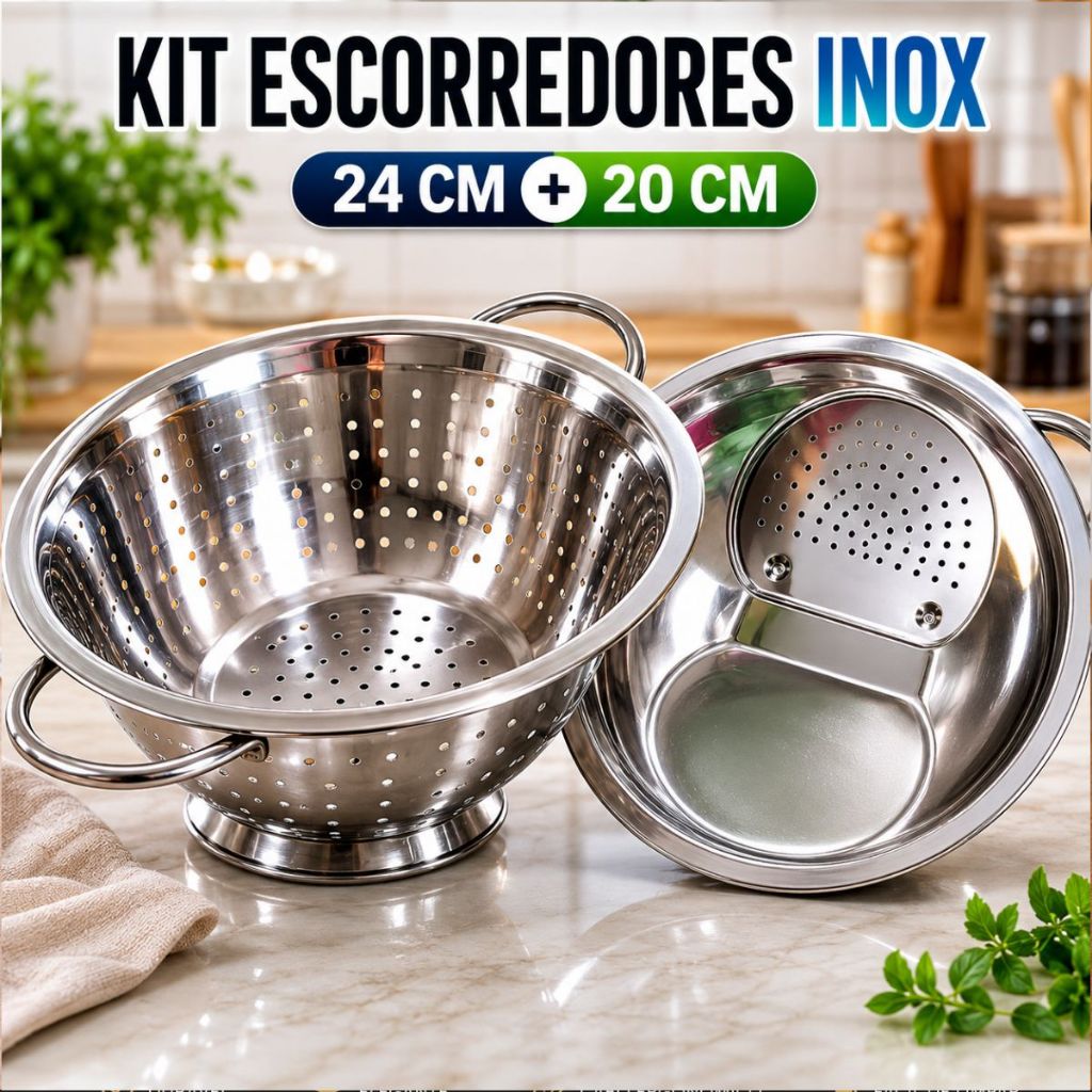 Kit Escorredor Macarrão 24cm + Escorredor de Arroz 20cm Aço Inox Resistente Utensílios de Cozinha