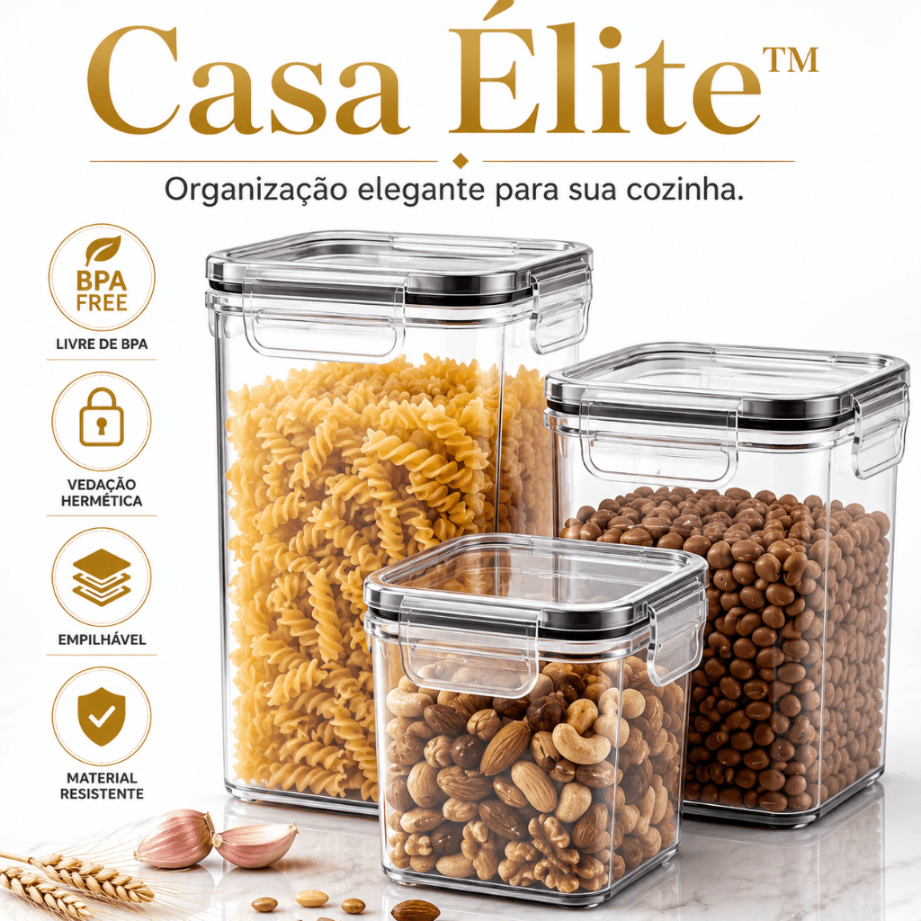 Kit 3 Potes Herméticos Quadrados com Tampa BPA Free Transparente Empilhável Multiuso para Mantimentos