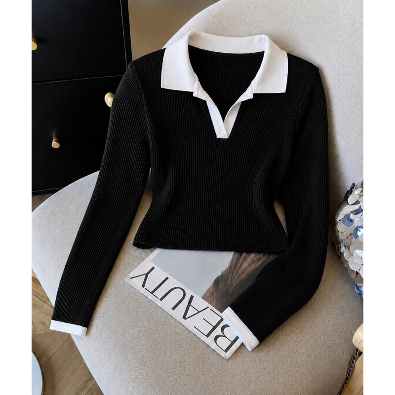 Camisa polo Bicolor Feminina Manga Longa Ribana Algodao Simples Casual Malhado Diário