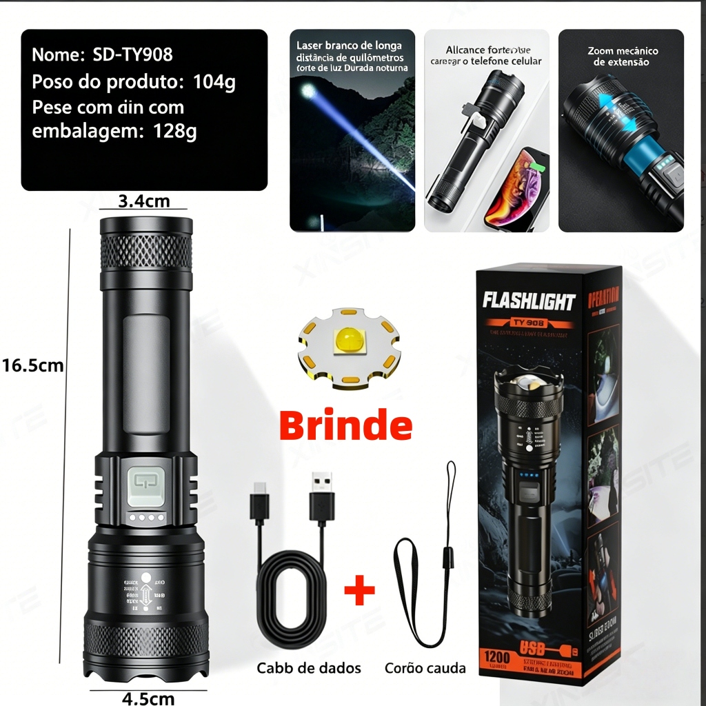 Lanterna Tática LED Militar Forte 4 em 1 USB Recarregável Zoom Longo Alcance Resistente à Água para Camping e Emergência
