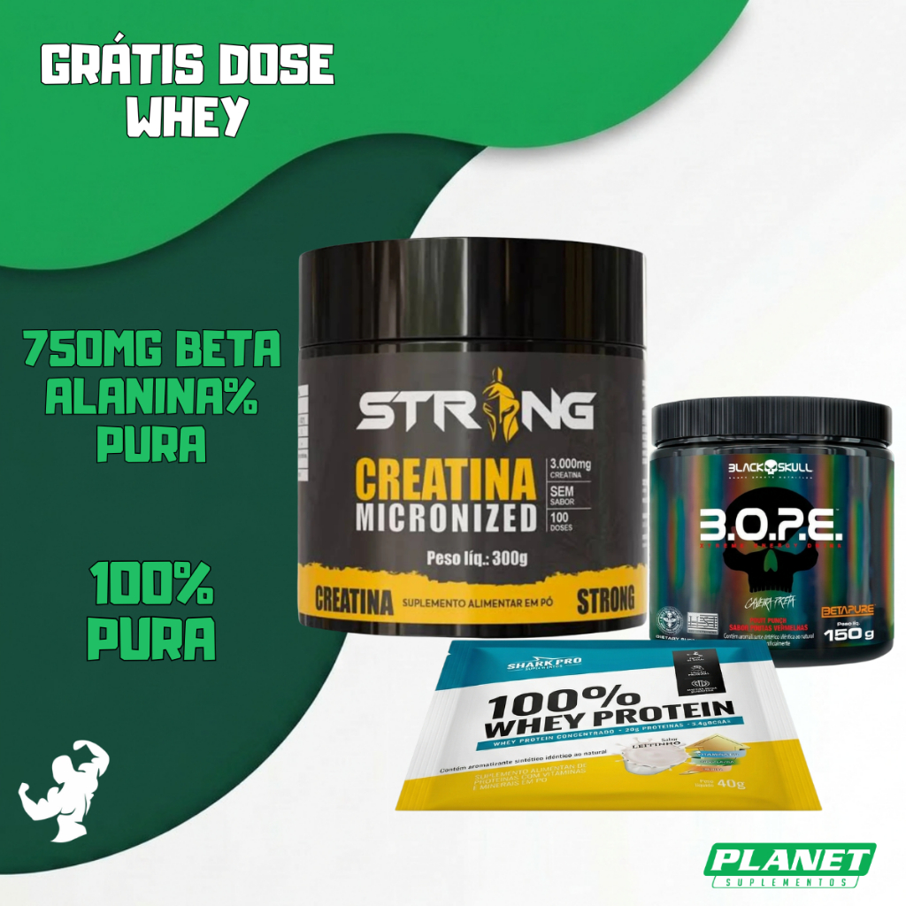 Kit Creatina 300g Strong + Dose de Whey Shark Pro + Pré Treino Black Skull + Fone Sem Fio de Brinde