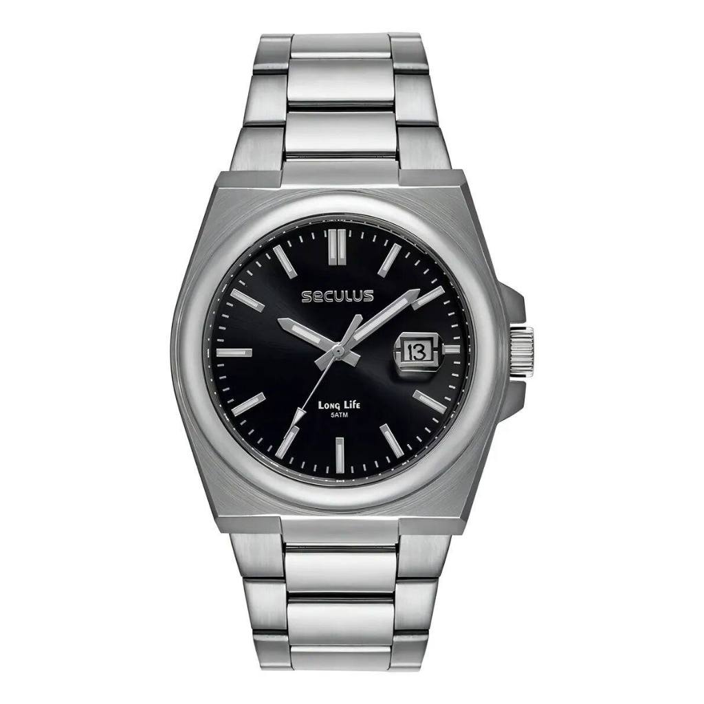 Relógio Seculus Masculino Original Prata Fundo Preto Nf 44263G0SVNA1