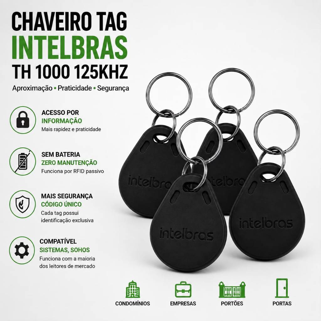 Kit 4 unid Chaveiro Tag Th 1000 125 Khz Rfid Intelbras Preto de Aproximação para controle Acesso