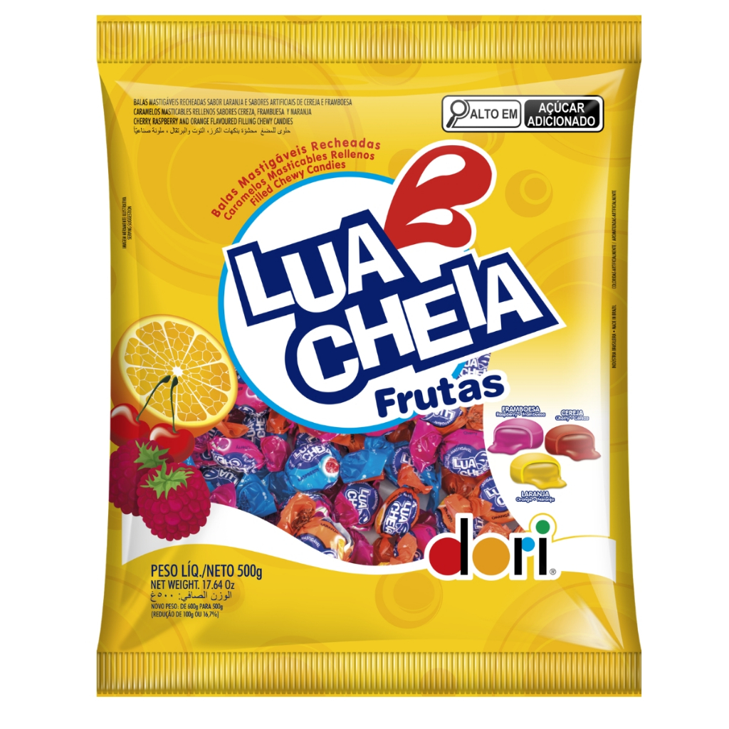 Balas Mastigáveis Dori Lua Cheia Recheada Frutas 500g Doces Para Festa Infantil