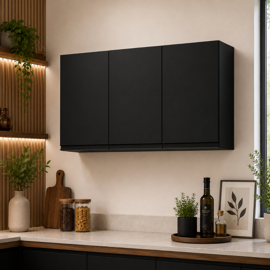 Armário Aéreo Cozinha Preto 3 Portas 118cm Moderno MDP MDF Suspenso Organizador Preto