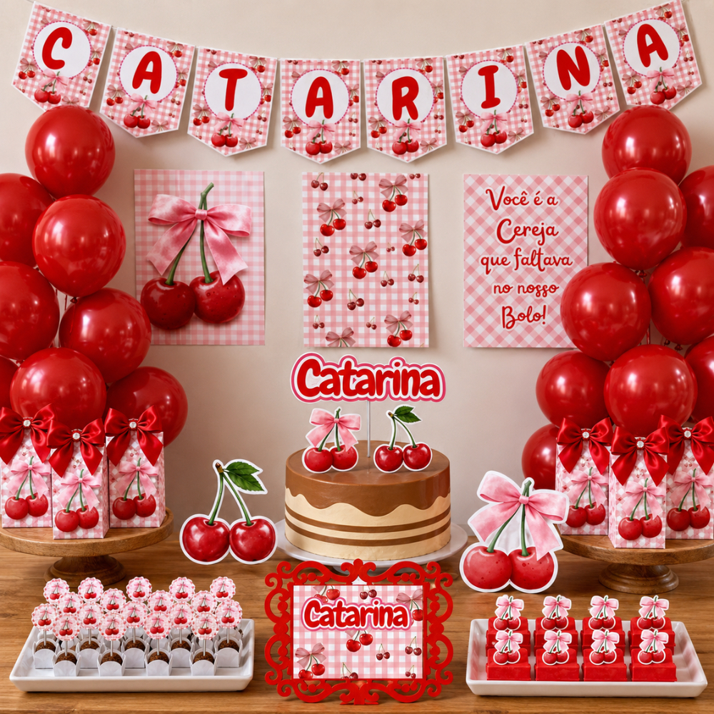 Kit Festa Cerejinha Aniversário Só Bolinho Em Casa Nome Personalizado Decoração Mesversário