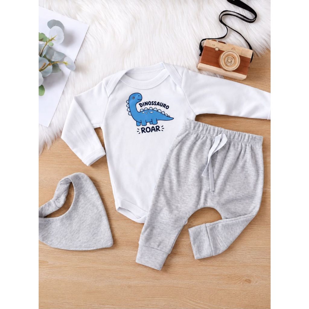 Conjunto Bebê Menino Dino Roar Meia Estação Body Manga Longa Algodão Calça e Babador Moda Infantil