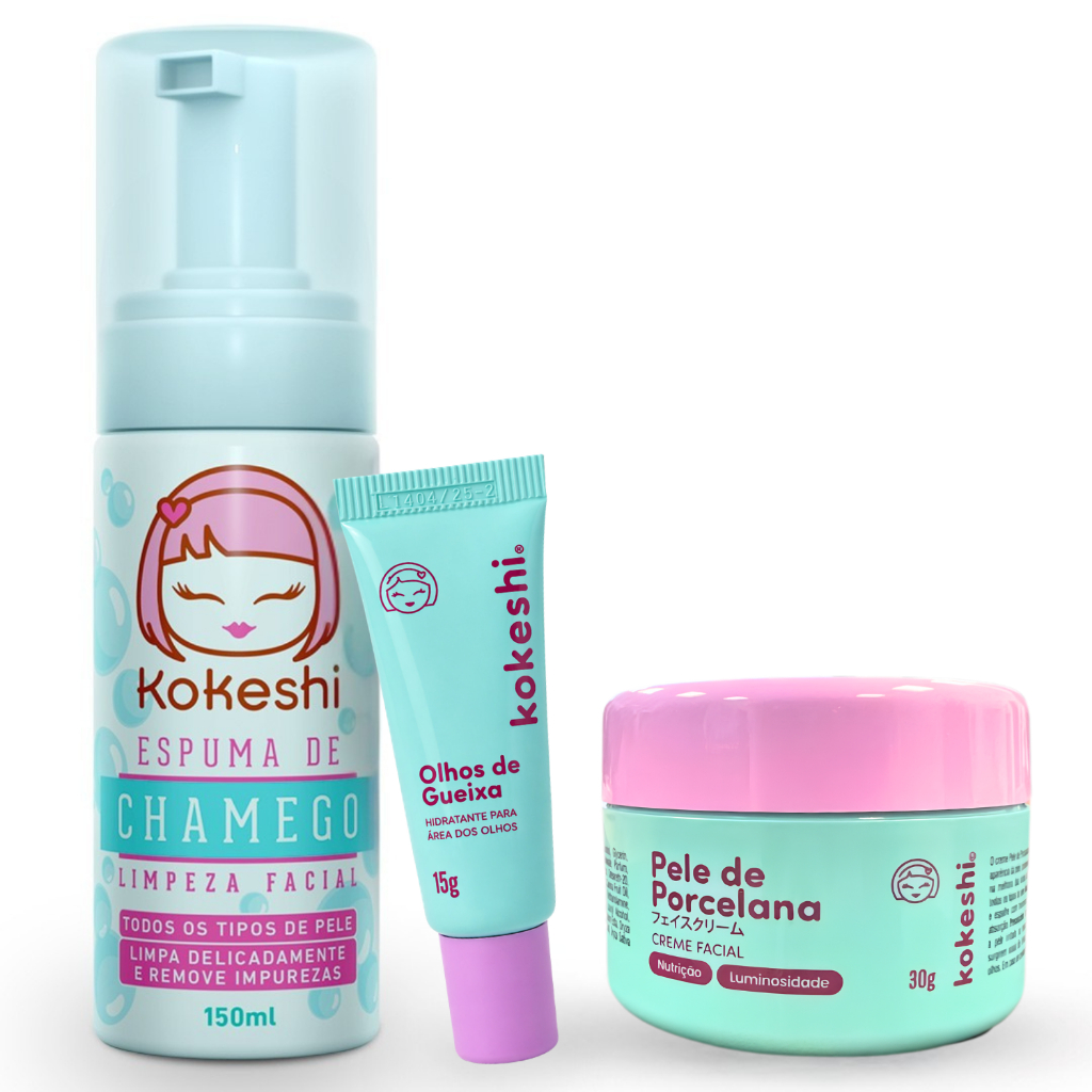Kit de skincare Kokeshi com espuma de limpeza facial, hidratante para área dos olhos e creme facial nutritivo
