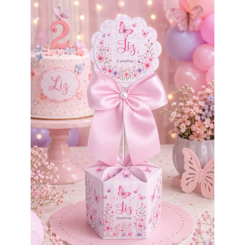 Centro de Mesa Borboletas Jardim Encantado Floral Rosa Personalizada Pegue e Monte